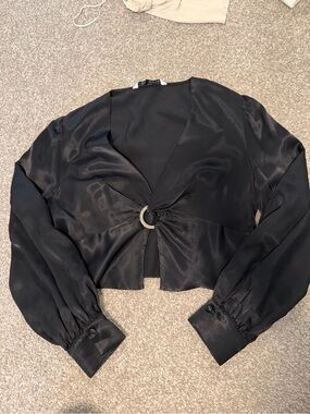 Zara Black Satin Ring-Front Long-Sleeve Crop Top